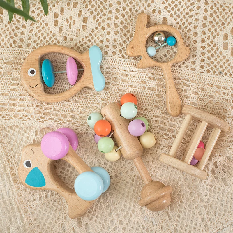 5 Pcs Wooden Montessori Toys Infants Children Can Chew Hand Rattles Toy Preschool Education Hearing Training Birth Gift Toys