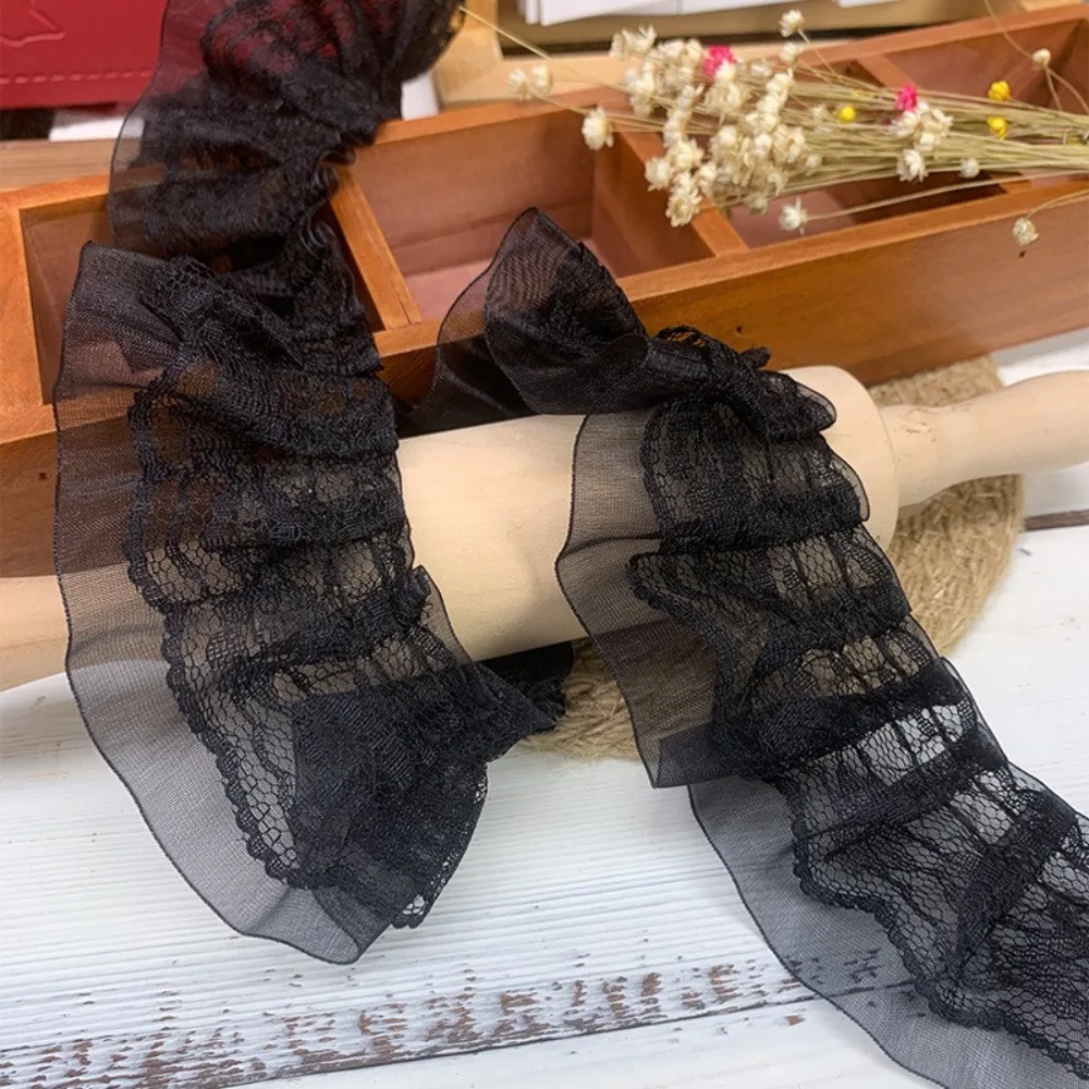 New 5CM Wide Pleated Lace Trim Double Layers White Black Lace Ruffle Sewing Deocration Dress Collar Cuffs Edge Decoration