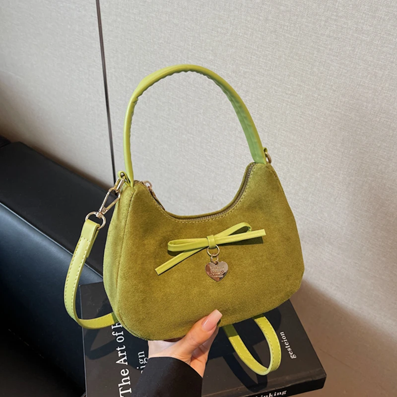 

Retro Suede Half Moon Crossbody Bag Korean Ins Women Party Small Handbags Fashion Bow Versatile One Shoulder Bags Autumn New ﻿