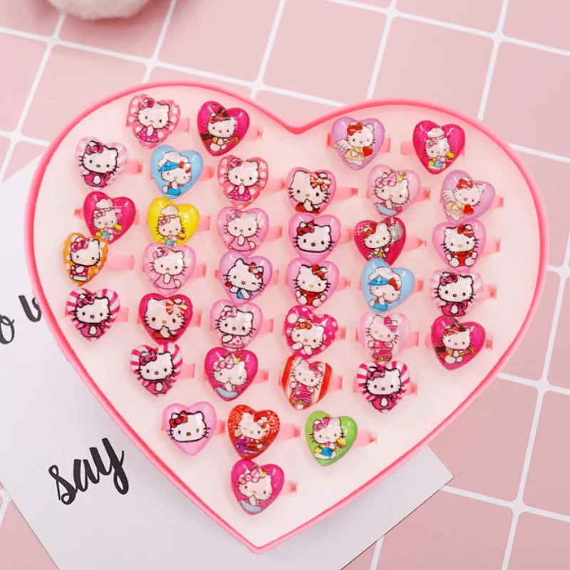 Sanrio-Juego de anillos de Hello Kitty para niños, sortijas ajustables con dibujos animados, caja de corazón, regalo de fiesta, 36 piezas