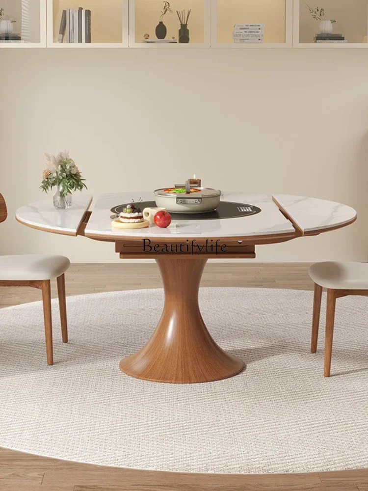 Nordic round wall dining table with vegetable board turntable multi-functional induction cooker solid wood