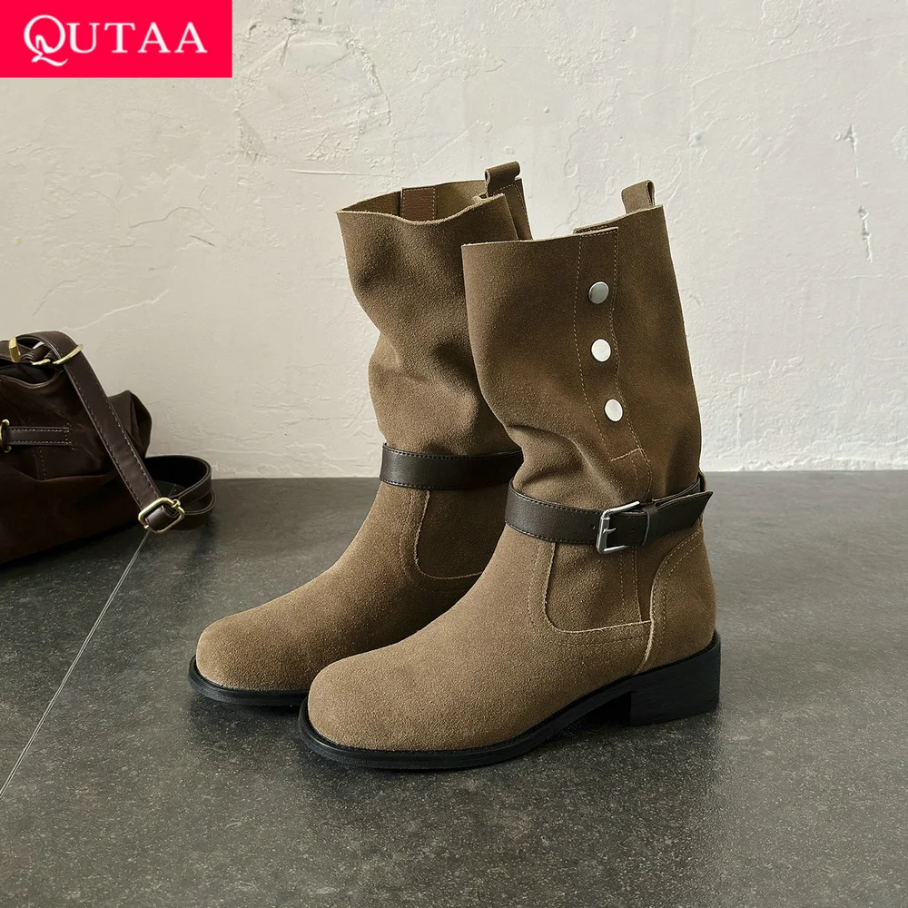 QUTAA 2027 Fashion News Cow Suede Women Ankle Boots Pointed Toe Winter Boots Mid Heels Autumn Shoes Rivet Short Boots 34-41