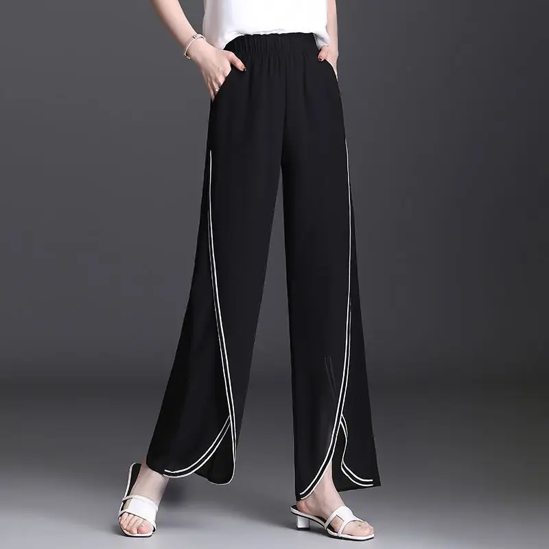 

Korean High Waist Women Summer New Wide Leg Pants Black Chiffon Thin Line Split Irregular Fashion Loose Casual Straight Trousers