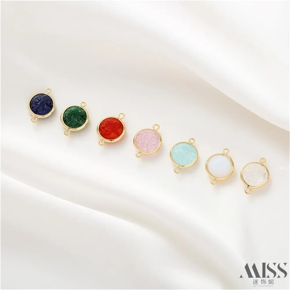 Sac en faux verre doré 18 carats, pièce de connexion à double trou à bord doré, matériau fait à la main, pendentif rond polyvalent en verre rouge.