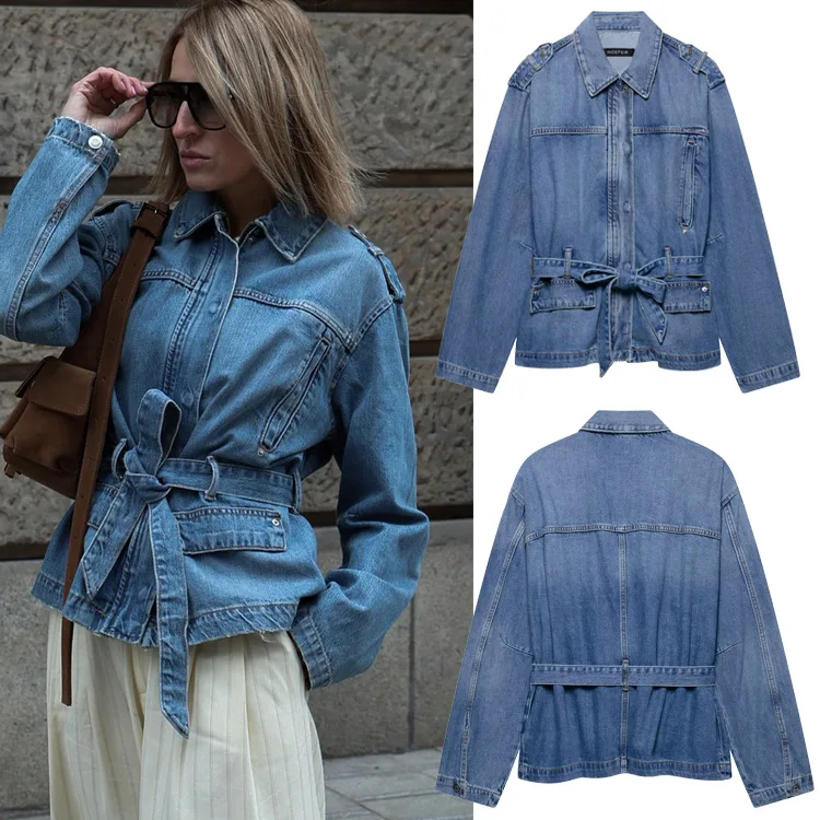 

Spring Belt Denim Jackets for Women Fashion Jacket Woman Long Sleeve Short Coat Streetwear Casual New Outerwear