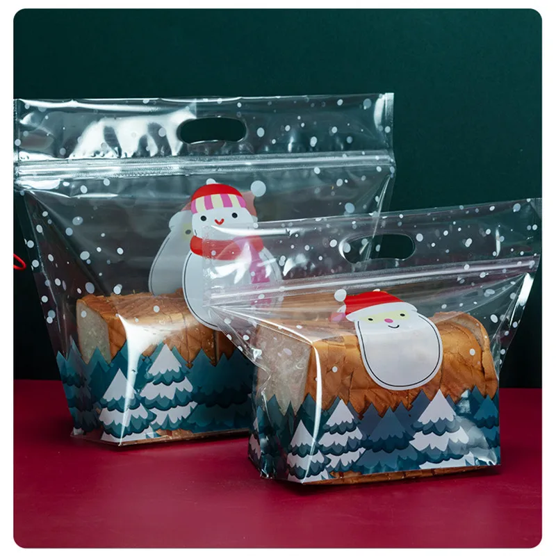 50pcs Santa Claus Bread Zipper Bags Christmas New Year Party Baking Cookies Donut Nougat Food Packaging Pouch Snowman Toast Bag