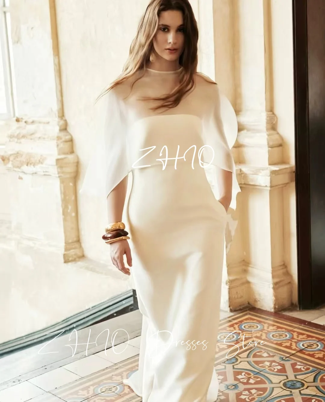 Zhi elegante vestido de festa à noite marfim com jaqueta longa cetim sem alças em linha reta vestido de ocasião formal personalizado robe de soirée