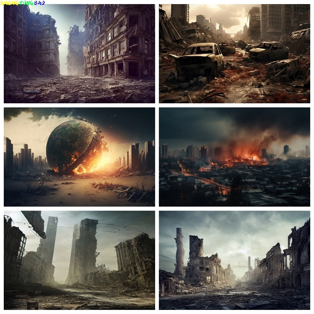 Ruined City Backdrop Doomsday Disaster Scenery Wildfire Burning Building Street Car Smoke Photo Background Studio Shoot Props