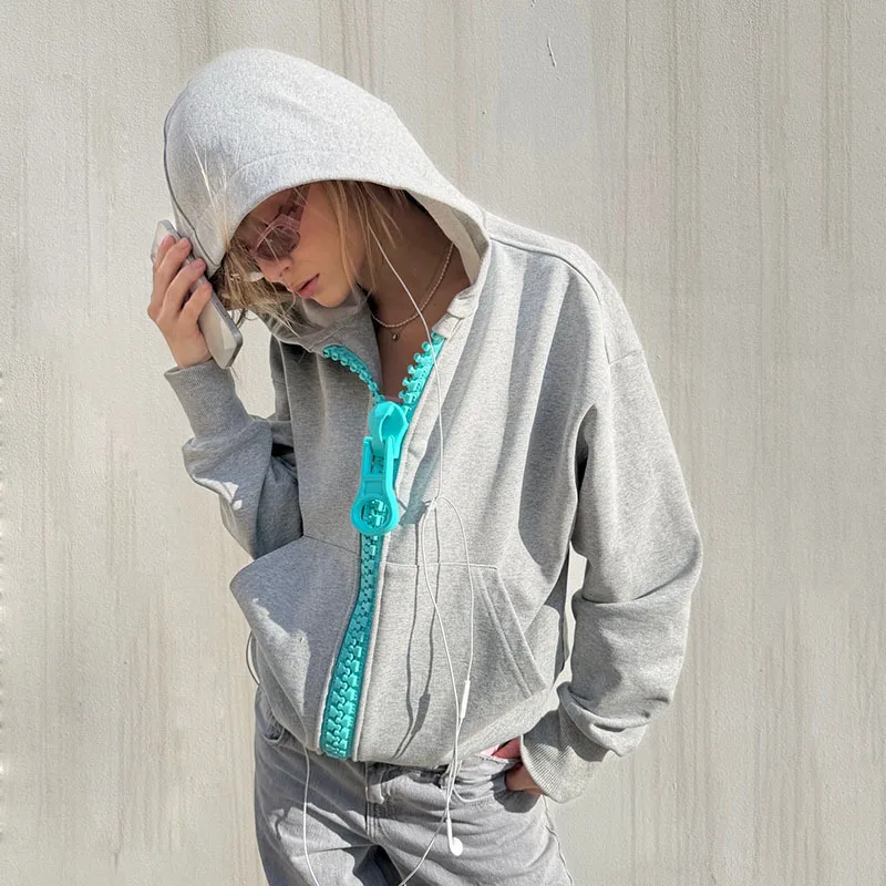 HOUZHOU Y2k Women Solid Color Zip-up Hoodied Female Color Blocking Slim Sweatshirts Street Harajuku Casual Long Sleeve Tops