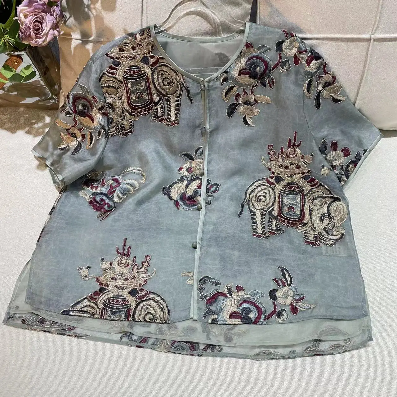 

New Chinese Sle Heavy Embroidery Silk Elegance ort Sve Top Coat Dang Clothing round Ne Single Button Fastening
