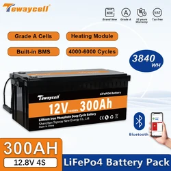 Tewaycell 12V 300AH LiFePO4 Battery Pack Built-in-BMS Lithium Iron Phosphate 4000 Cycle Rechargeable Solar Power System RV Boat