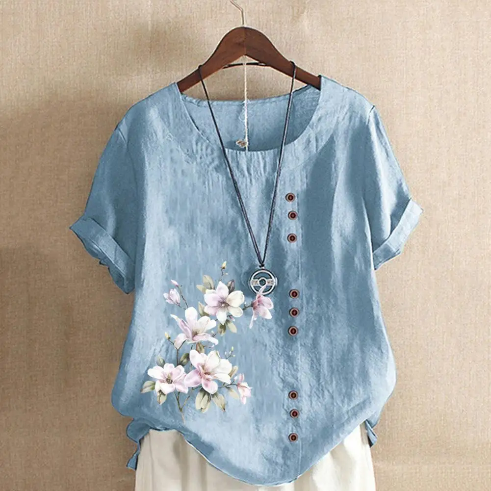 Cotton Linen Comen Shirt Short Sleeve Round Neck Buttons Decor Loose Breathable Gothic Retro Print Summer T-shirts Loose Blouse