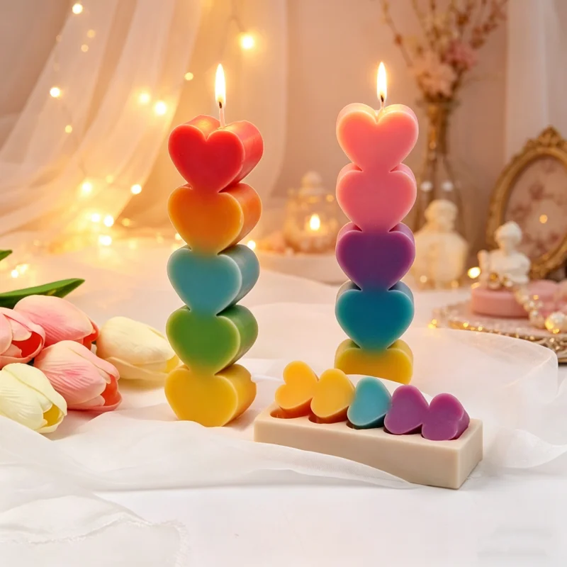 Stacked Heart Column Silicone Candle Mold 3D Romantic 5-Layer Heart Stack Pillar Resin Soap Aromatherapy Tool Home Decor Gifts