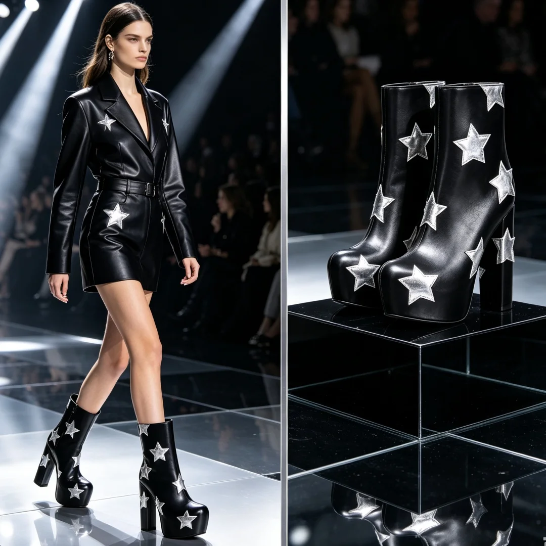 Hot Girls Y2K Music Festival Silver Star Short Boots For Women Platform Chunky High Heels Large Size 47 Women's Ankle Boots Lady