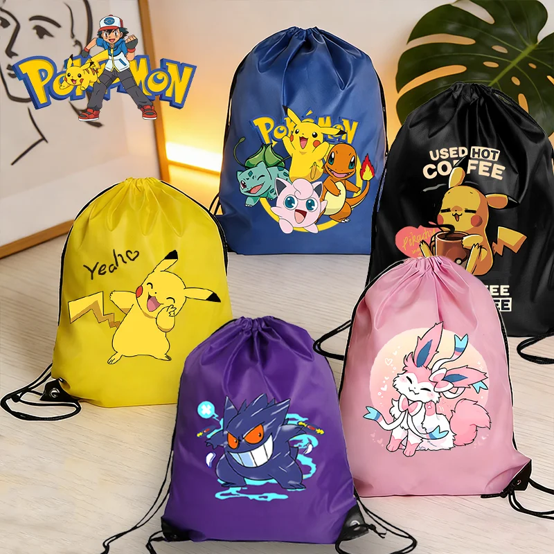 

Pokemons Drawstring Bags Cartoon Bundle Bag Pikachus Print Storage Pouch Travel Picnic Portable Pocket Women Knapsack Men Gifts
