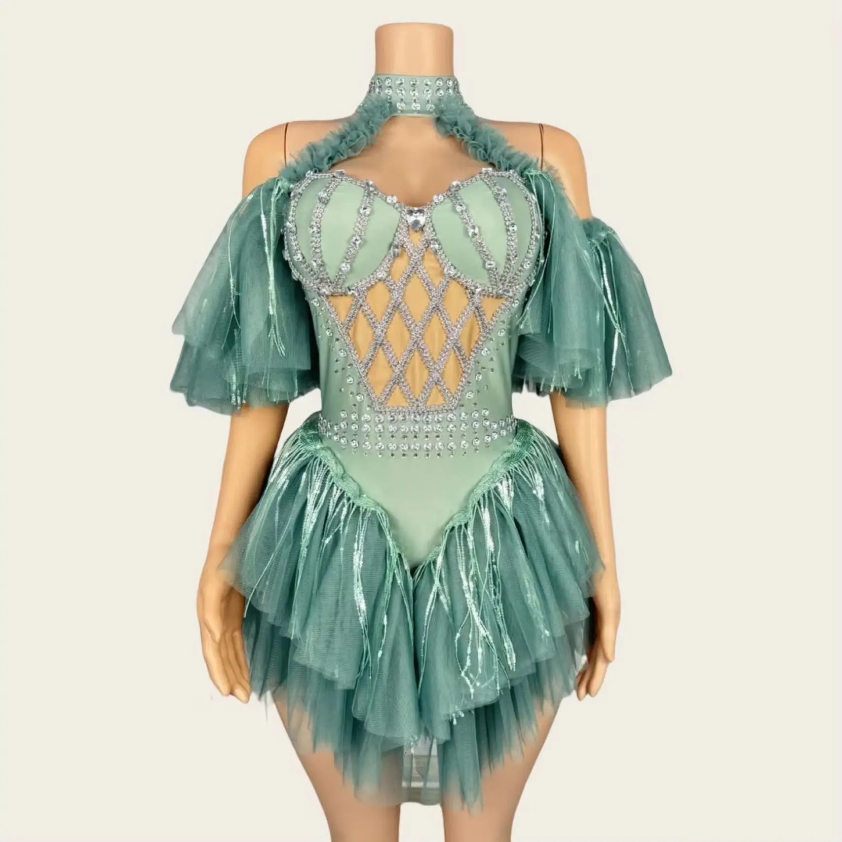 Bibo Off shoulder Pleated Mini Dress Bodysuit Sexy Women Birthday Celebrate Party Costume Party Outfit Concert gig Dance Wear