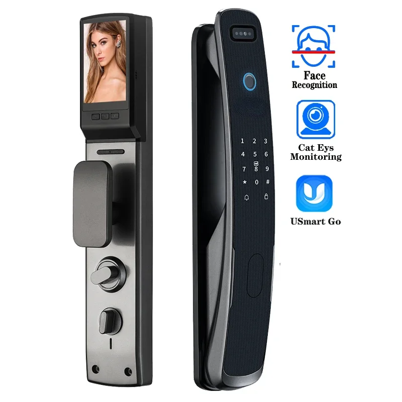 Cat's eye monitoring with camera 3D face recognition fingerprint password swipe key smart door lock