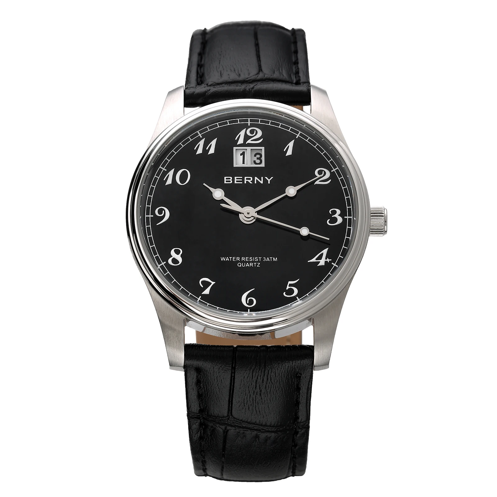 BERNY Men's Quartz Watch Classic Dress VJ76 Move Easy Read Analog Soft Leather 3ATM Waterproof Male Top Display Men Wristwatch