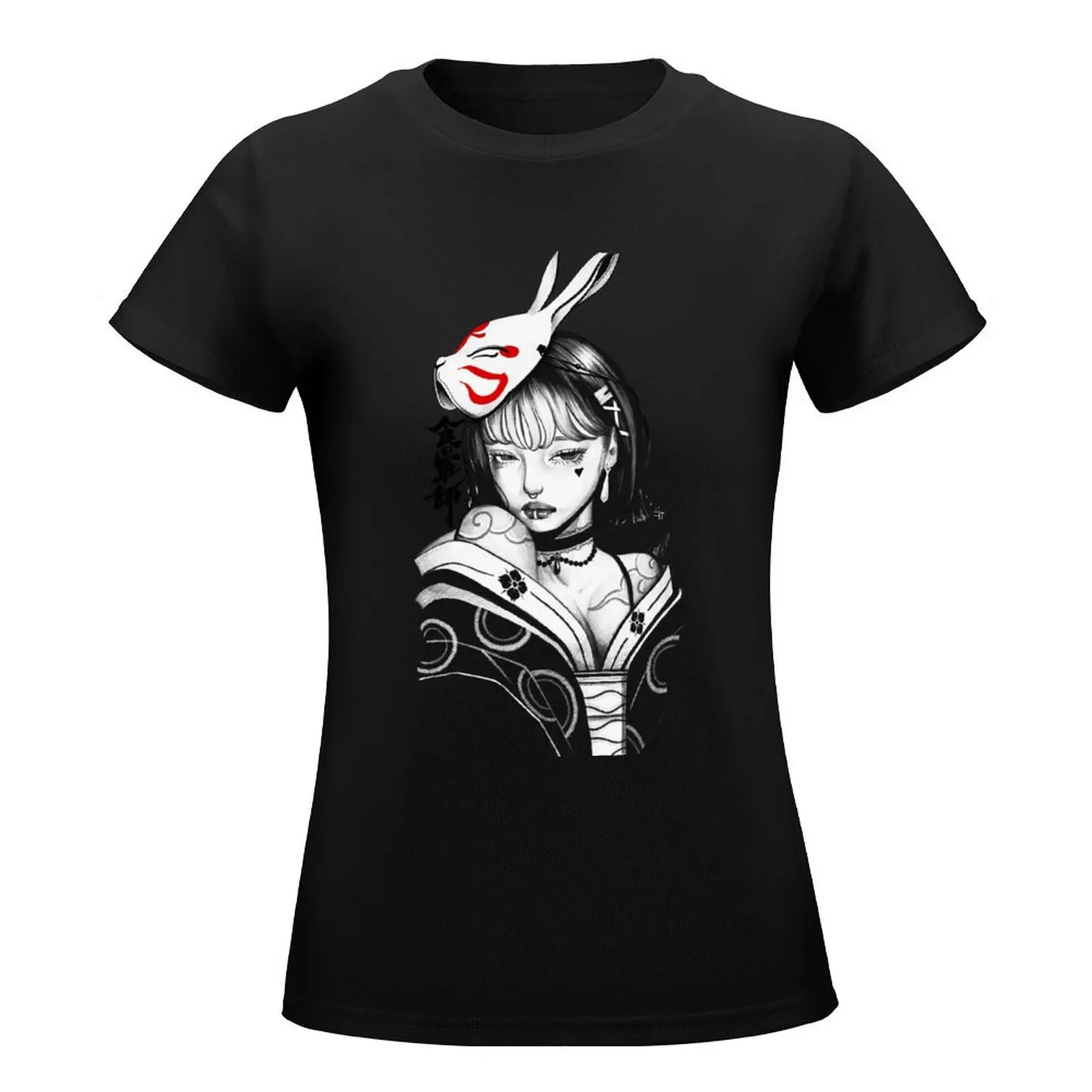 Japanese Fox Mask Beauty Girl Urban Modern Style T-Shirt funny shirts graphic tees female korean fashion Women's t-shirt