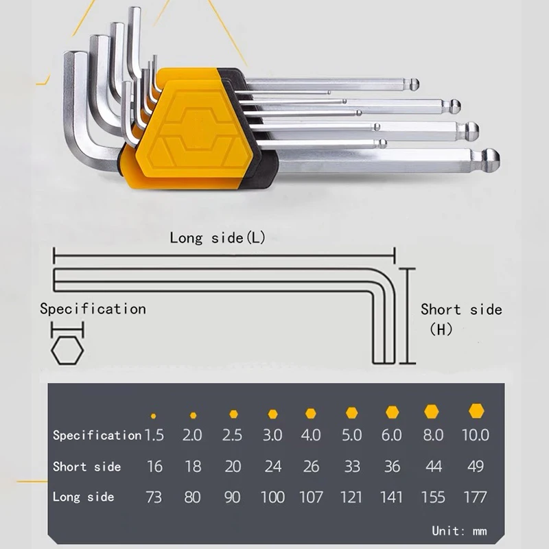 9PCS Allen Key Wrench Hex Screw Wrench Set 1.5-10mm L Type Hexagon Wrench Workshop Car Repair Home Hand Tools