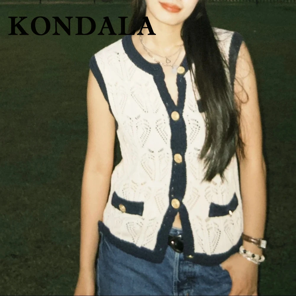 

KONDALA шикарный летний ажурный лоскутный женский повседневный вязаный свитер без рукавов с круглым вырезом, модный 2025 элегантный вязаный жилет на пуговицах