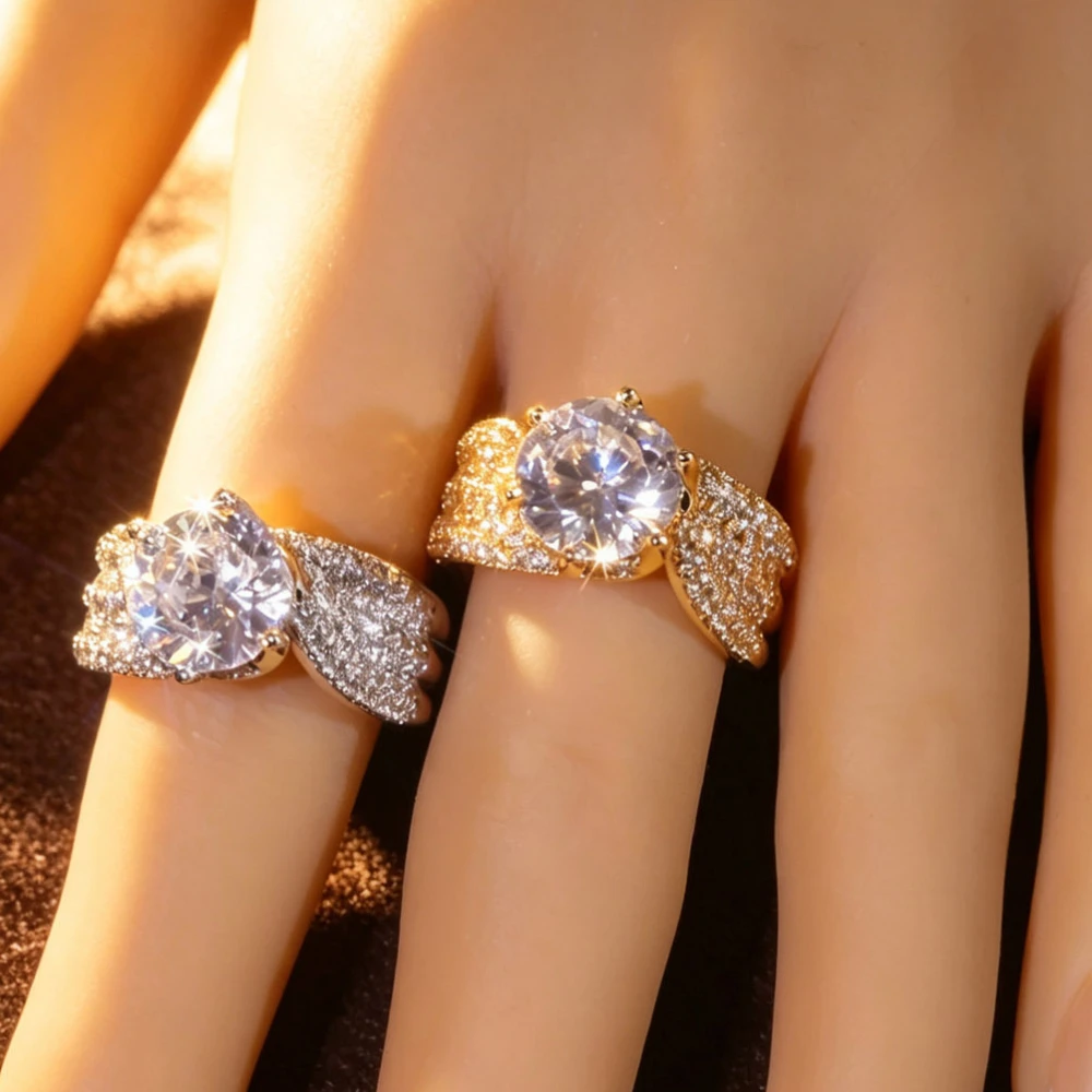 1PC Luxury Wide Band Solitaire Ring, Full Pave Statement Finger Ring, Bridal Promise Jewelry for Engagement Wedding Birthday Holiday Celebration for Ladies, Gold Silver Two Tones Optional