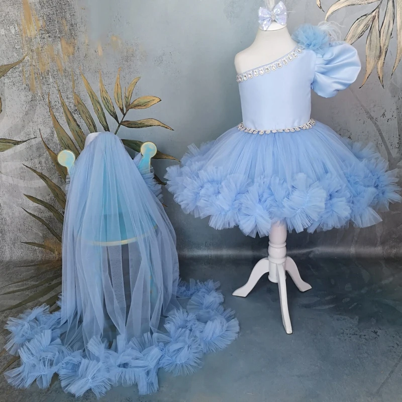 Blue Flower Girl Dresses Tulle With Bow And Tailing Single Sleeve For Wedding Birthday Party Banquet Princess Gowns