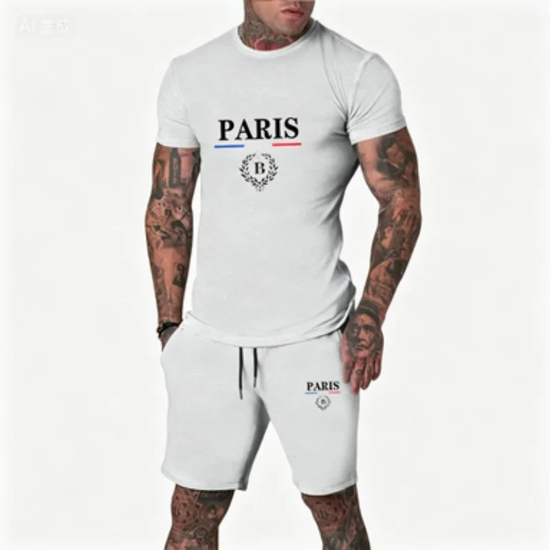 Men's summer round-neck T-shirt with printed pattern on the front, paired with matching drawstring shorts for a complete outfit.