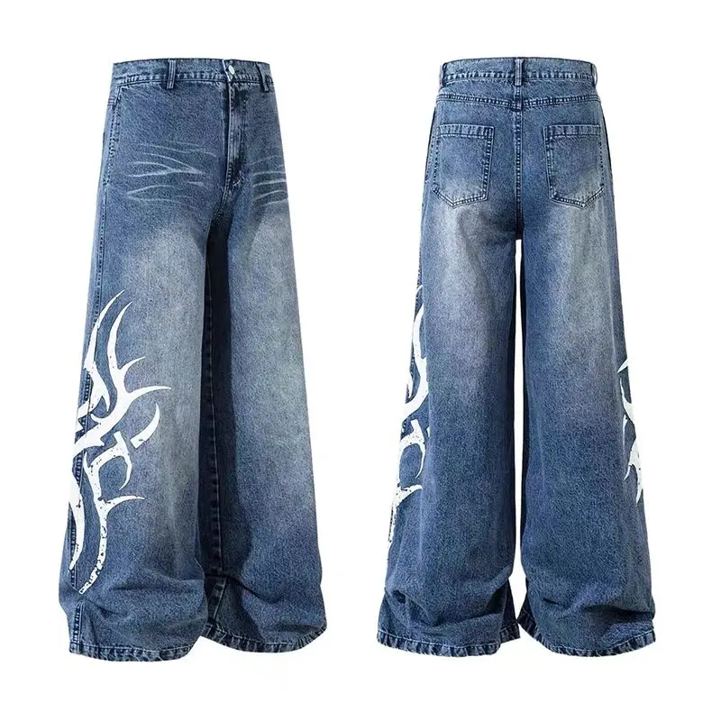 

Американские винтажные джинсы High Street, осенние женские уличные мешковатые джинсы в стиле Харадзюку в стиле хип-хоп, повседневные широкие джинсовые брюки с принтом