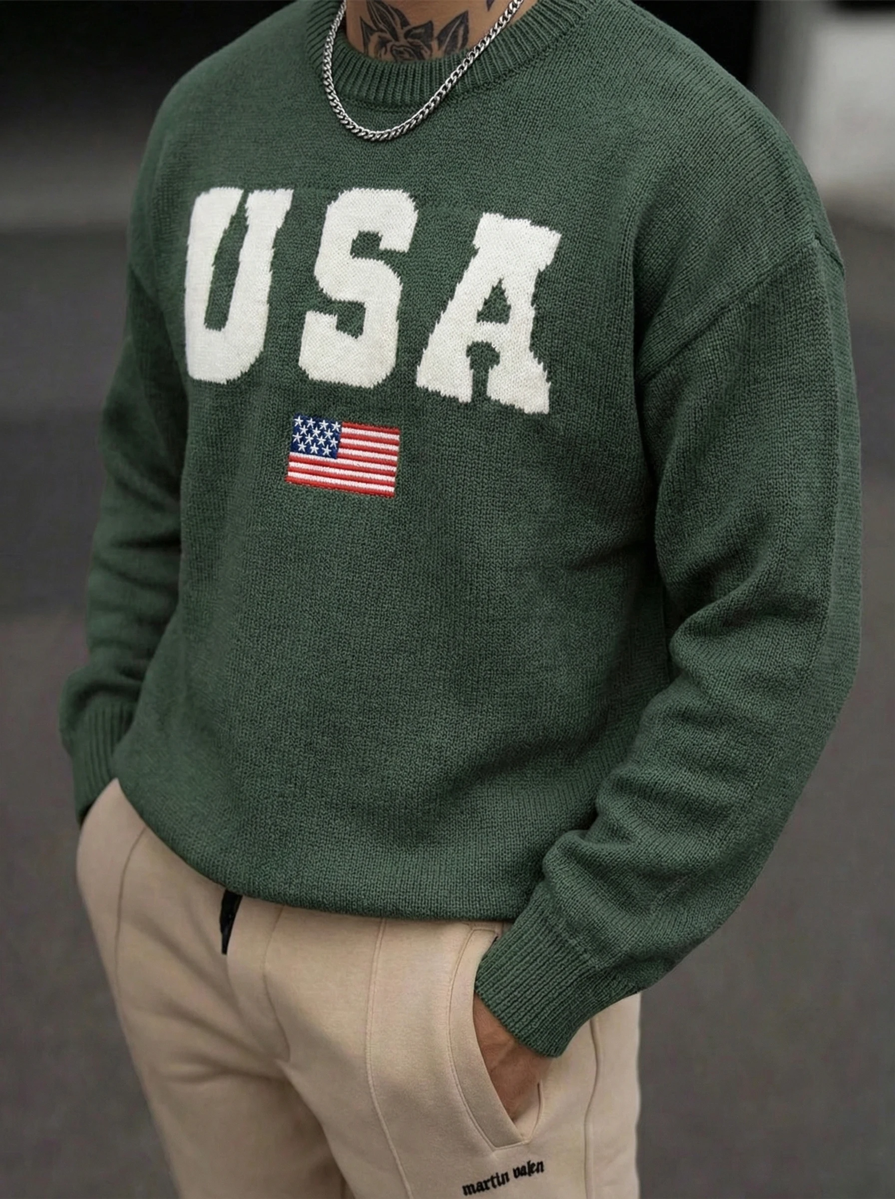 

Зимний мужской унисекс-свитер с круглым вырезом, длинными рукавами, с надписью USA и американским флагом, вязаный пуловер