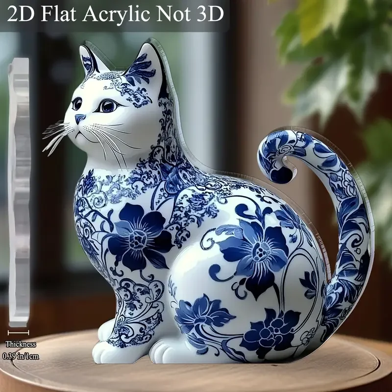 Gato de la suerte simulado en azul y blanco, decoración clásica china para el hogar, adorno pequeño de acrílico plano con base.