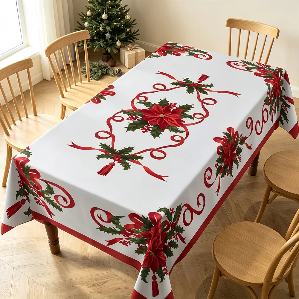 Christmas Tablecloth Rectangle, Christmas Decorations For Home Poinsettia Table Cloth Festival, Suitable for Parties/Dinners
