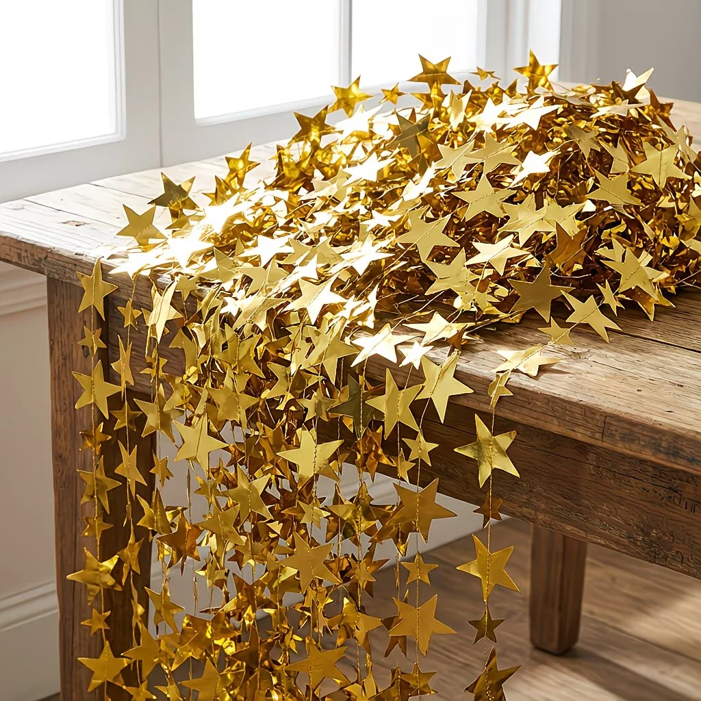 1 Stück 4 m/157,48 Zoll glänzende Stern-Papiergirlande, Banner in Gold und Silber, Wimpelkette für Duschraum, Hochzeit, hängende Dekoration – Detail 3