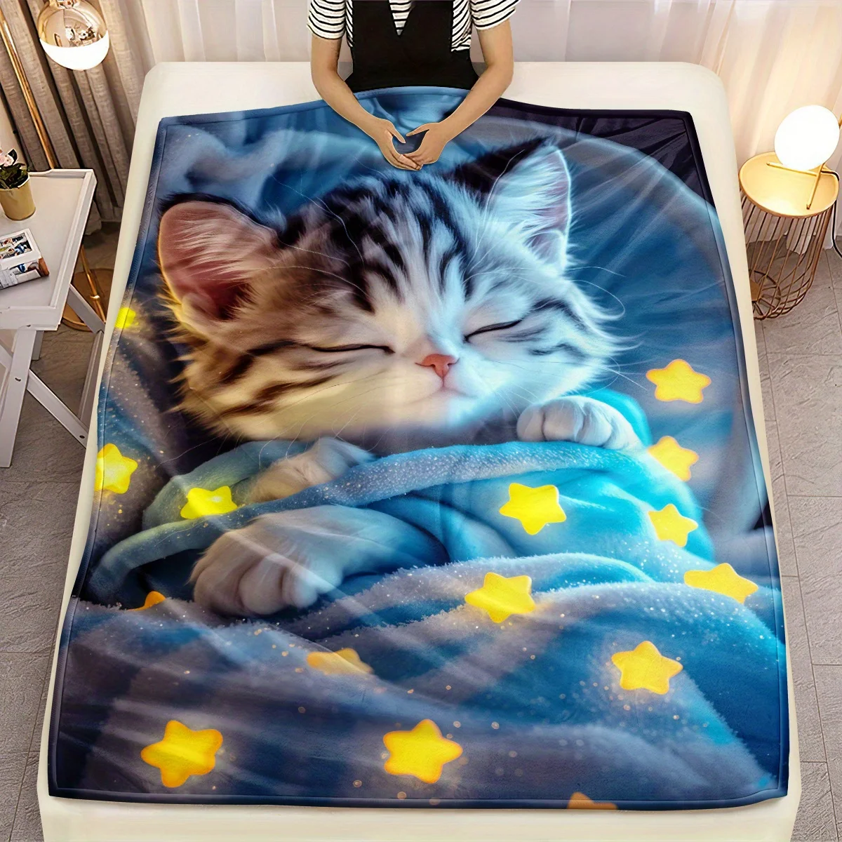 1pc Glowing Blue Star Cat Blanket - Soft Lightweight Flannel Blanket, 3D Digital Printing, Tear Resistant, Four Seasons Comfort,