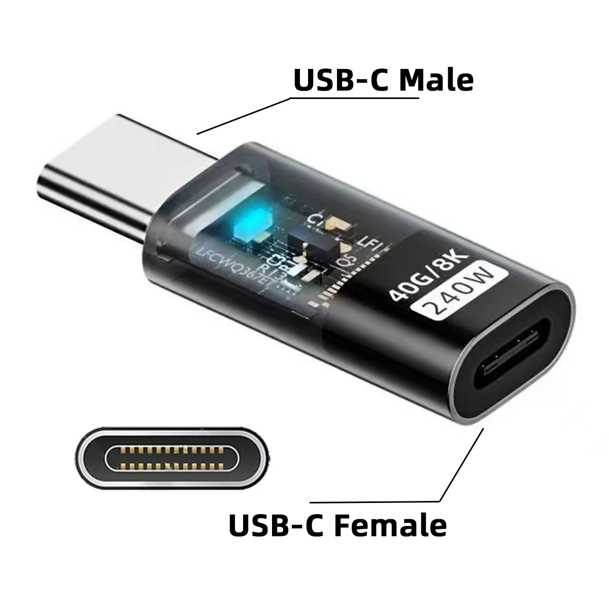 chenyang USB C Connector USB4 Type C 240W Power 40Gbps Data 8K Video Extension Connector Adapter Transparent with LED