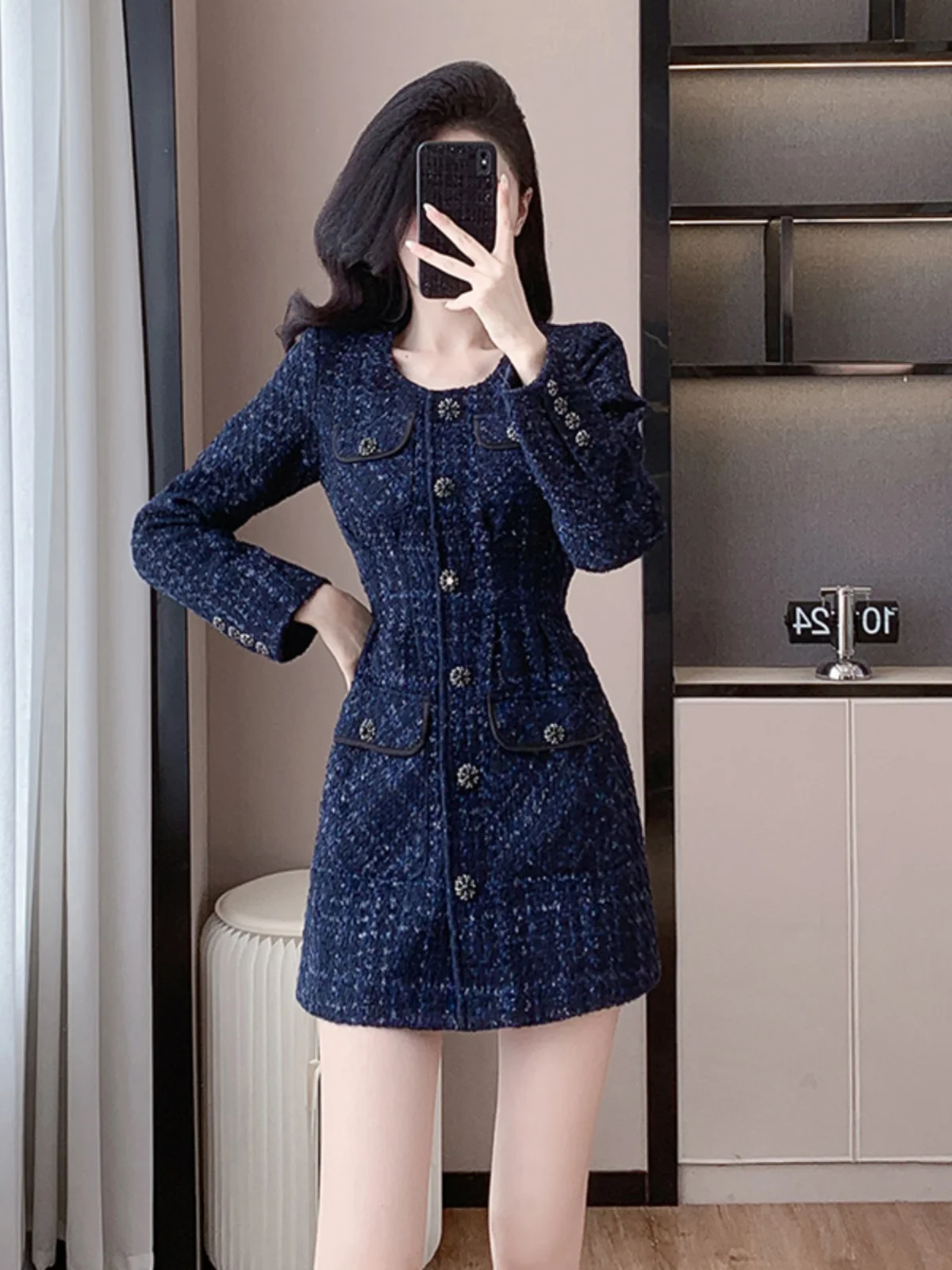 코듀로이 원피스 A라인 코듀로이 허리 조임 여성용 샤넬 스타일 명녀 원피스 드레스 의상