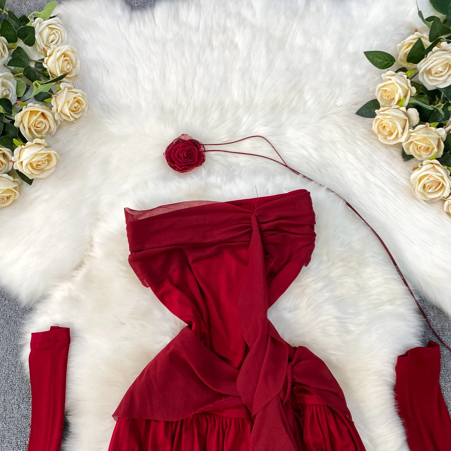 Foamlina 女性エレガントな 3D 花ビスチェドレスハイウエストタイバックスリムフィットマキシドレス長袖エレガントなパーティードレス