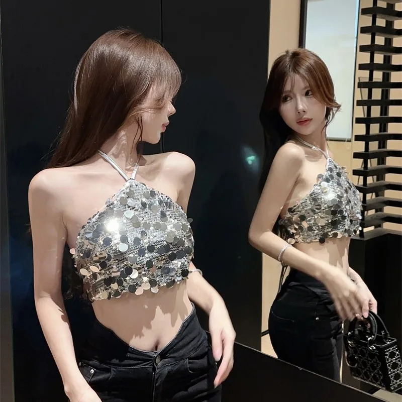 Sexy Sparkling Silver Sequin Baring Neck Short Crop Top for Bar Dancing Women's Cloud Cotton Inner Wear Short Length Vest