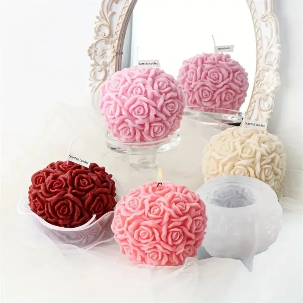 3D Rose Ball Candle Resin Silicone Mold Valentine's Day Casting Mold Creative Elegant Flower Candle Holder Suitable For DIY Can