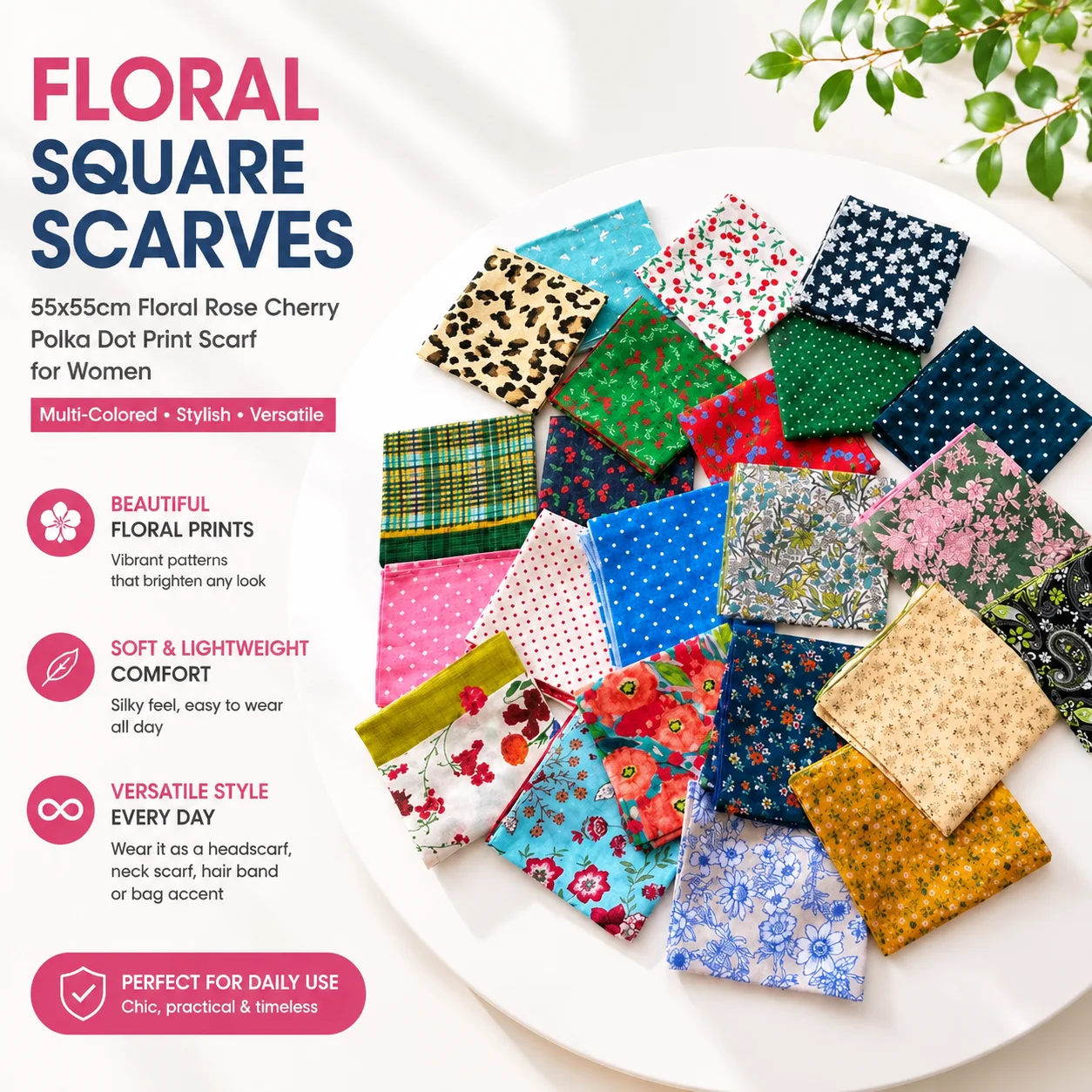 55x55cm Floral Rose Cherry Polka Dot Print Square Scarf Headscarf for Women, Multi-Colored Hair Wrap Band, Versatile Daily Use