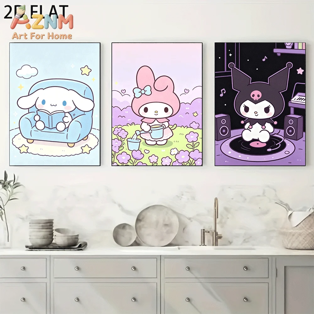 AZNM Sanrio Characters Canvas Wall Art Unframed Cute Cartoon Print Poster Cinnamoroll My Melody Kuromi Reading Gardening DJ Musi