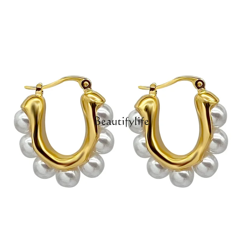 

European and American retro half-circle pearl earrings fashion ear buckles temperament elegant light luxury