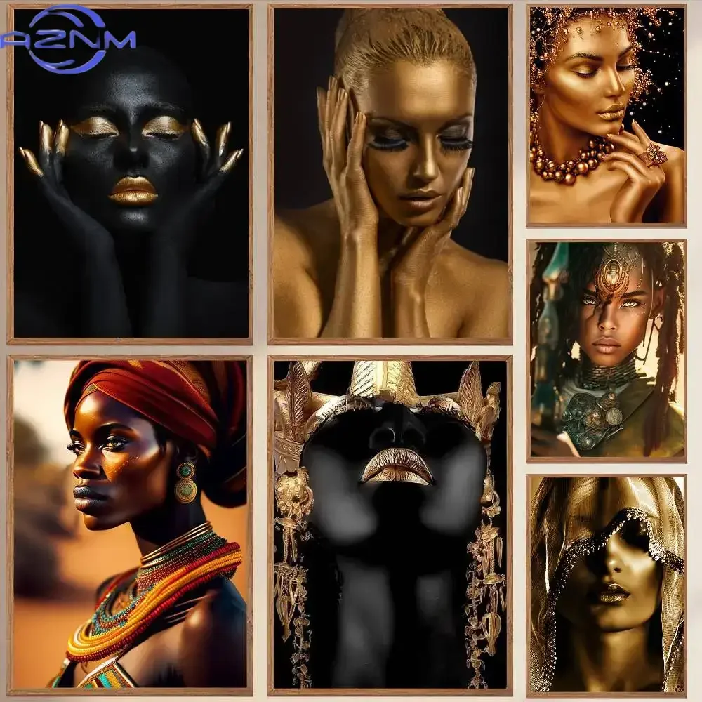 African Art Black And Gold Woman  Poster HD Art Wall Poster Waterproof Aesthetic Decor For Home Living Room.