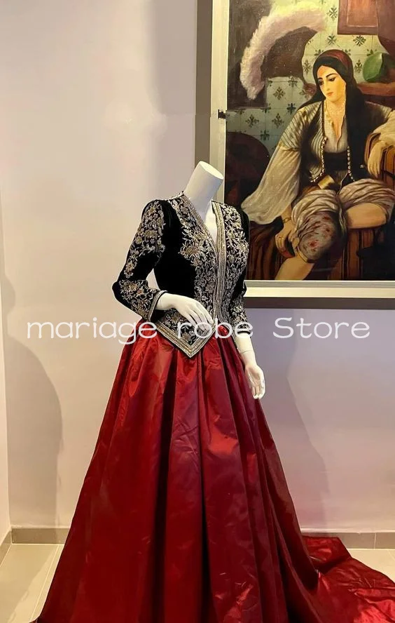 Black Red Velvet Caftan Prom Dresses for Women Applique Embroidery Algerien Albanian Arabic Kaftan Evening Formal Dress Outfit