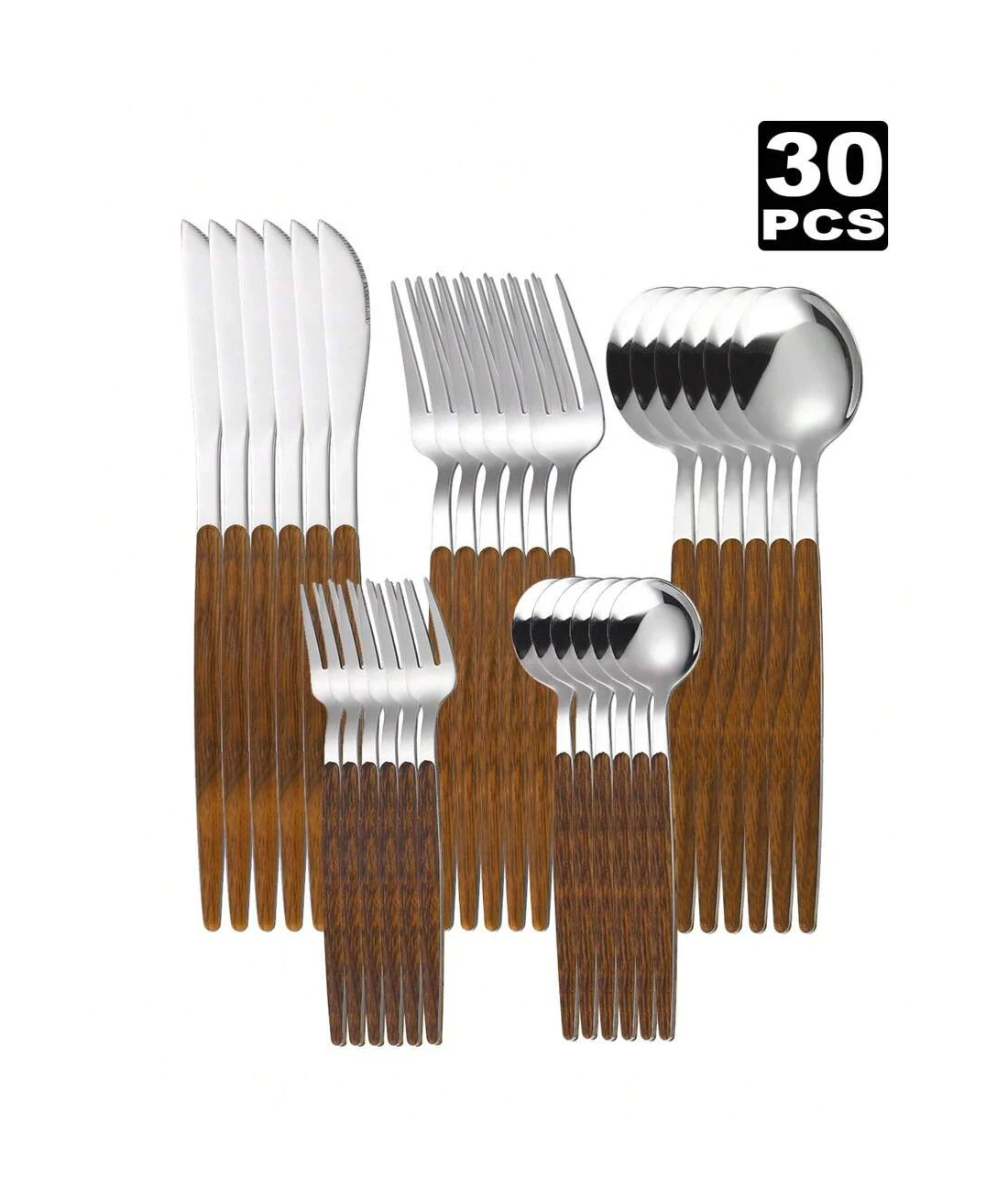 

30-piece Portuguese stainless steel cutlery set, dishwasher safe, suitable for families, with wood-grain handles; high-end silve
