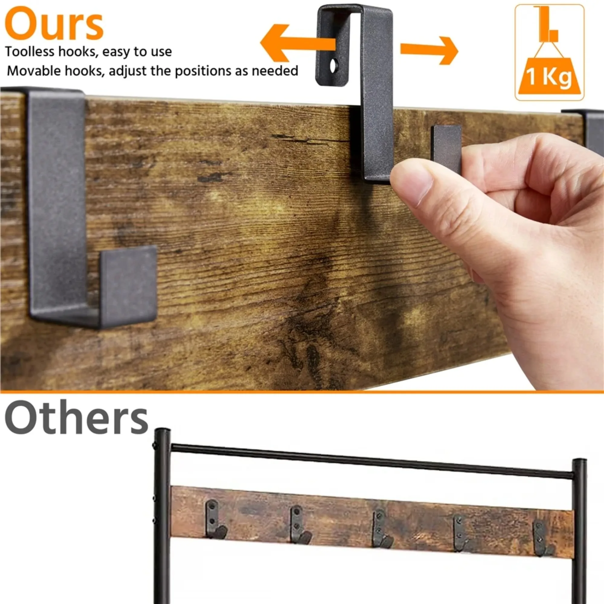 Árvore de corredor de metal de 73" com banco de armazenamento de sapatos, marrom rústico