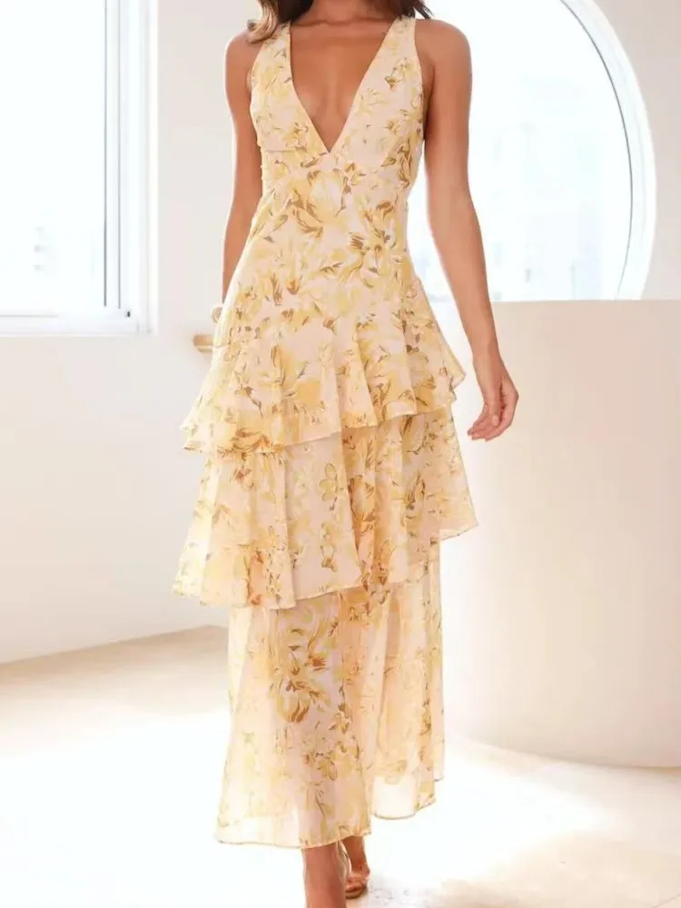 Abiti lunghi eleganti con volant Sexy scollo a V profondo Donna Stampa floreale Boho Beach Vacation Abito da festa casual Nuovi abiti Para Mujer