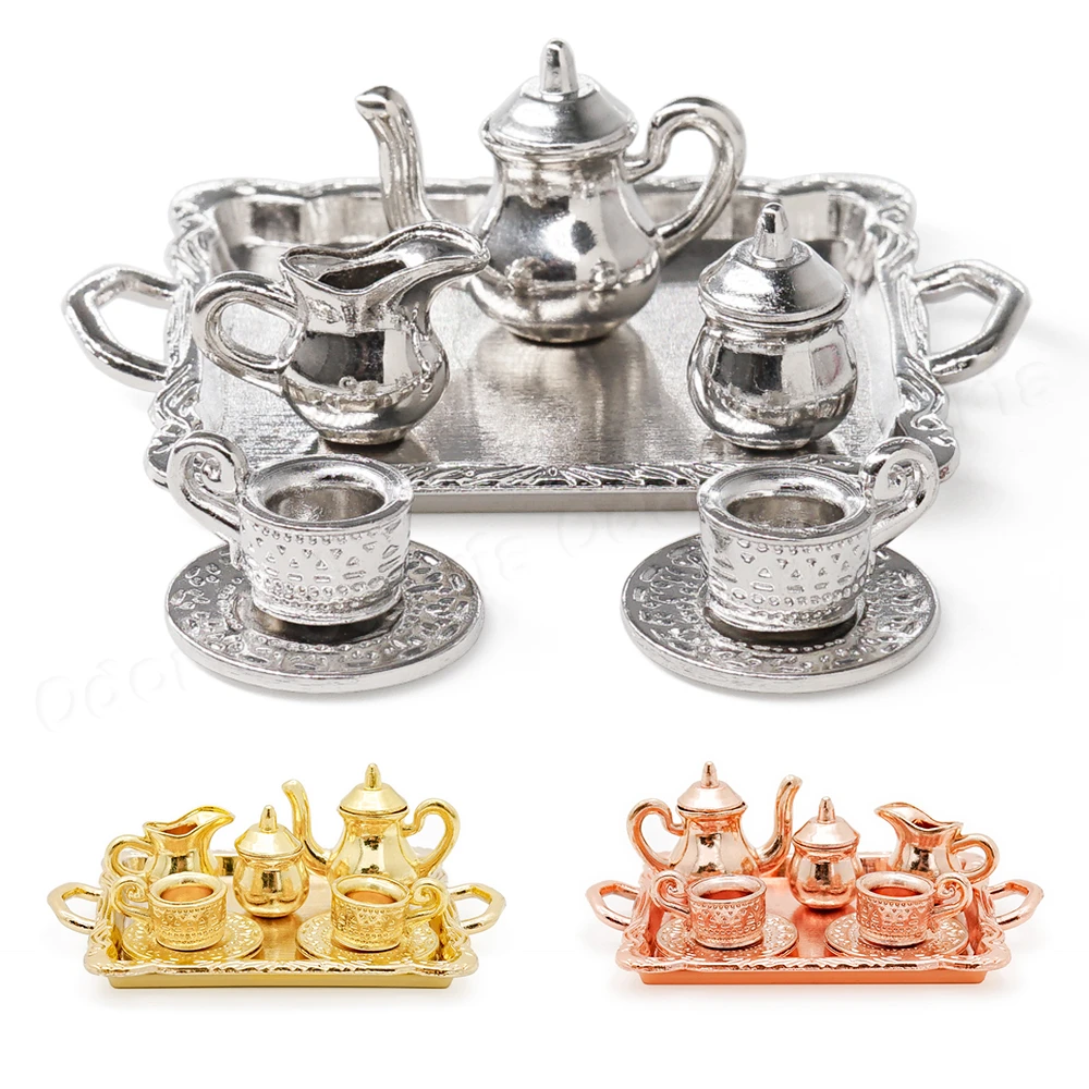 Odoria 1:12 Miniature 8pcs Tea Cup Set Metal Teapot Plate Dining Ware Kitchen Tableware Set Dollhouse Accessories Decor