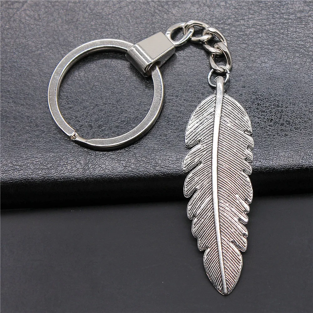 Keychain Dropshipping 2 Colors 56x18mm Big Size Feather Pendant Keychain Vintage Metal Keyring Jewelry For Men