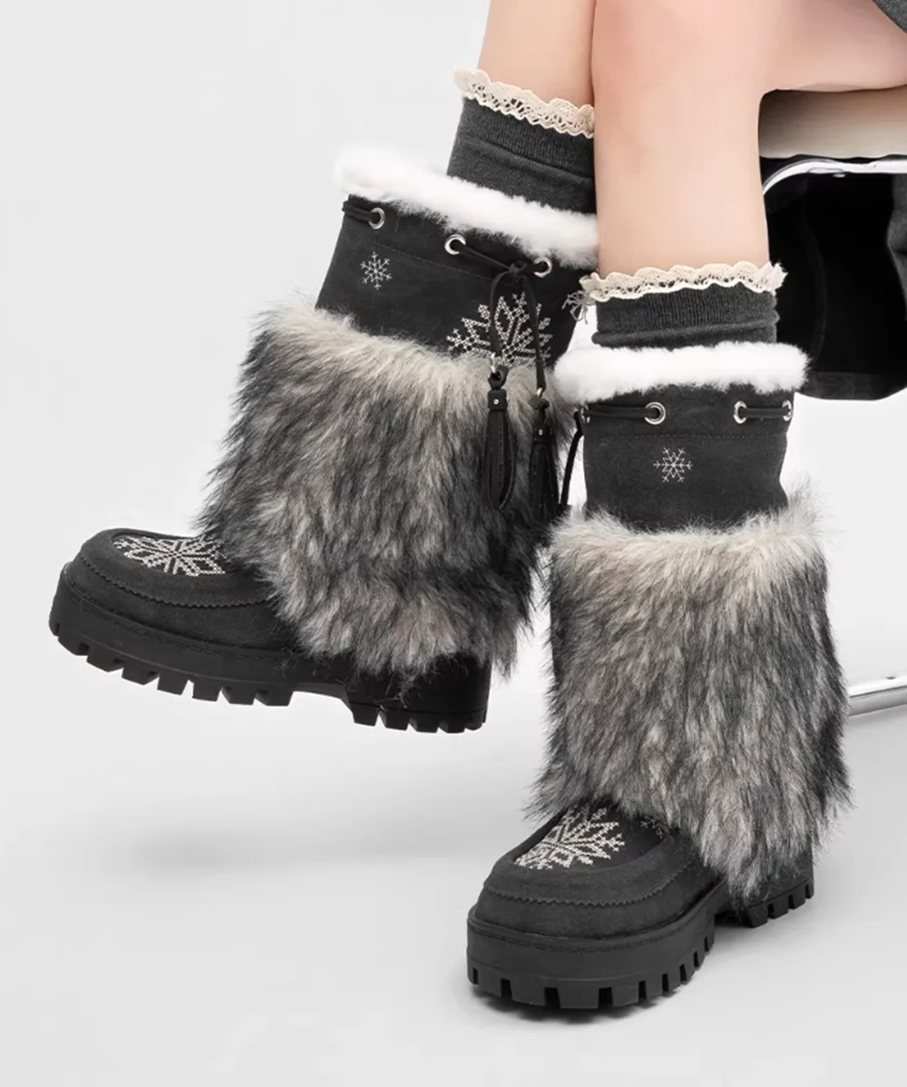 Black Grey Faux Fur Mid-Calf Boots Snowflake Stitching Details Tassel Accents Chunky Sole Fur Collar Warm Winter Festival Style